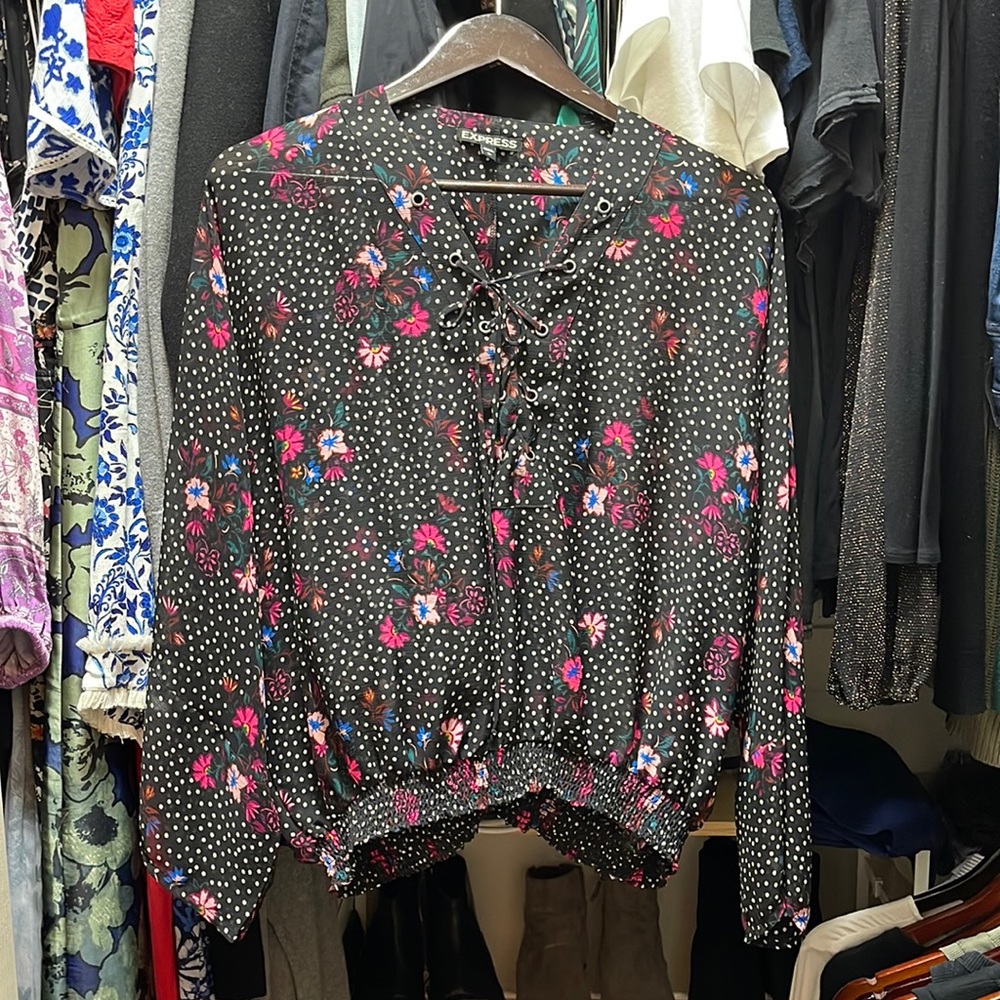 Express Sheer Floral Lace Up Blouse